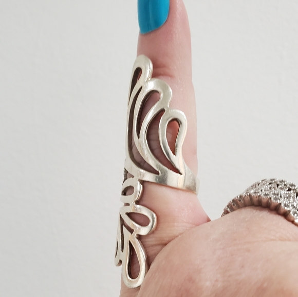 Scroll sterling silver ring. .925 laser cut ring. Long. VINTAGE EXCELLENT - Picture 2 of 14